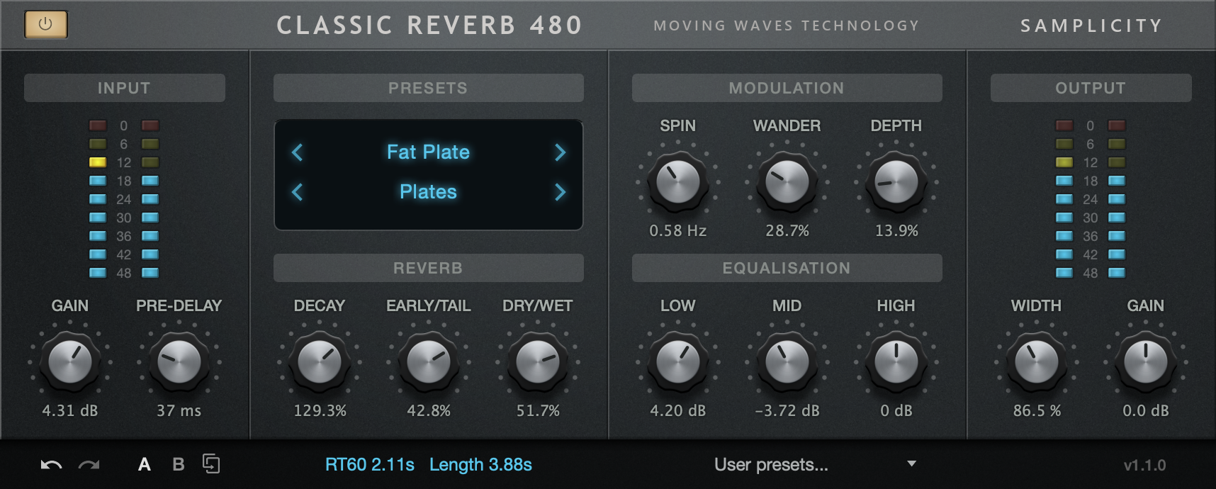 Classic Reverb 480 plug-in screen capture